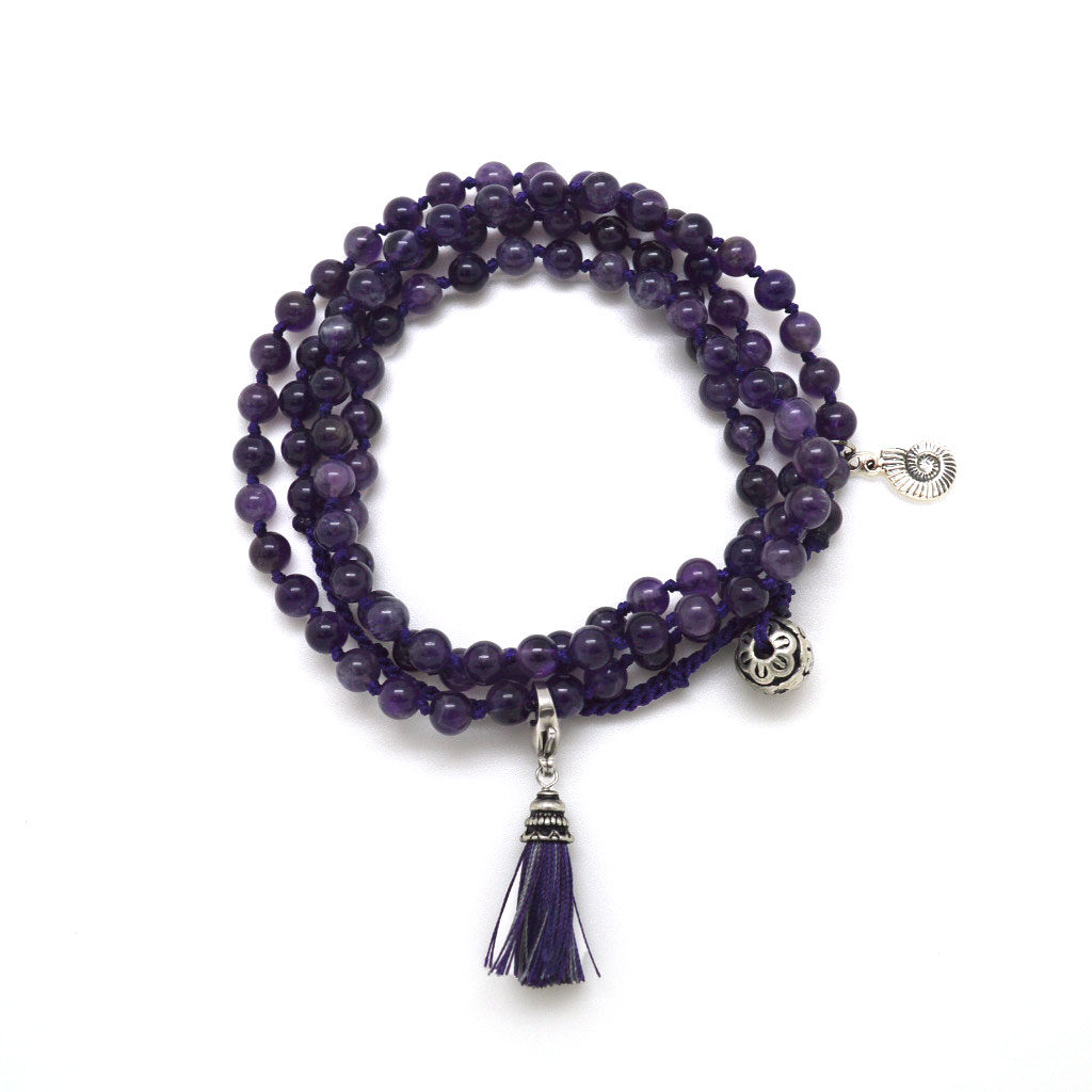 108 Bead Amethyst Wrap Mala with Aquarius Wellness Nautilus Charm (8MM)