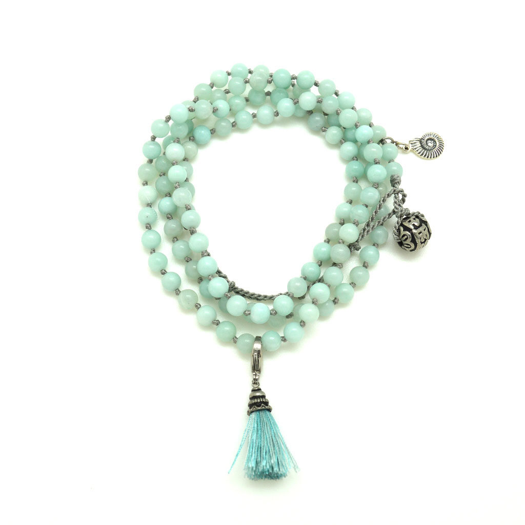 108 Bead Amazonite Wrap Mala with Aquarius Wellness Nautilus Charm (8MM)