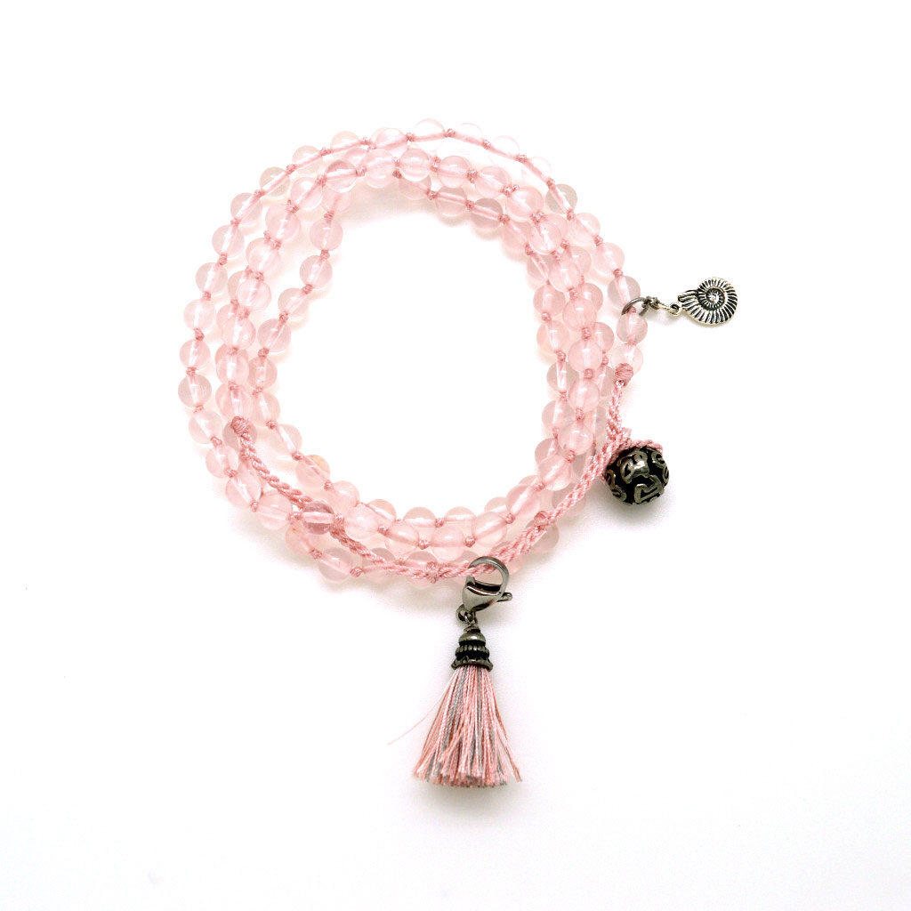 108 Bead Rose Quartz Wrap Mala with Aquarius Wellness Nautilus Charm (8MM)